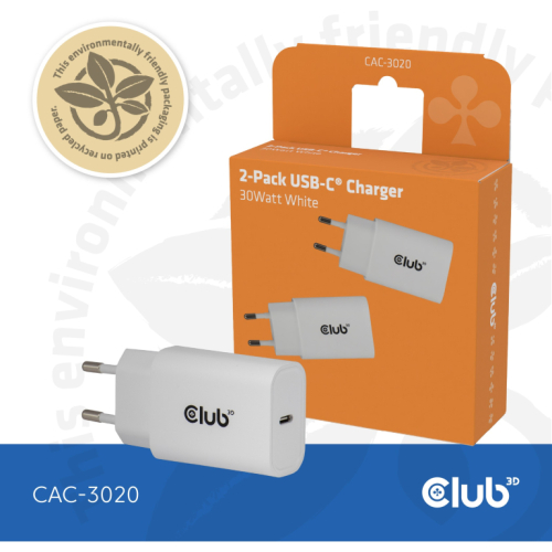 Club3D Lifestyle Ladegerät USB-C 30Watt. 2Stk weiß retail