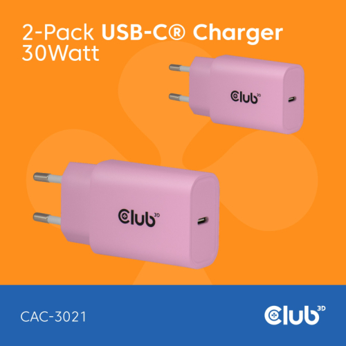 Club3D Lifestyle Ladegerät USB-C 30Watt. 2Stk pink retail