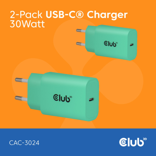 Club3D Lifestyle Ladegerät USB-C 30Watt. 2Stk grün retail