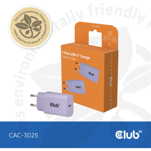 Club3D Lifestyle Ladegerät USB-C 30Watt. 2Stk lila retail