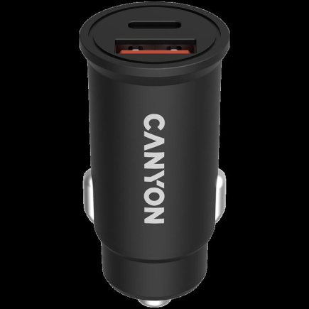 CANYON C-20B03, PD 30W/QC3.0 18W Pocket size car charger with 1-USB A+ 1-USB-C Input: DC12V-24V, Output: USBC: PD30W( 5V3A/9V3A/12V2.5A/15V2A/20V1.5A),USB-A:QC3.0 18W (5V3A