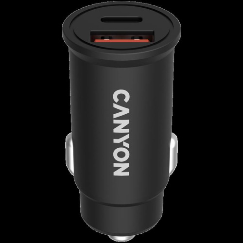 CANYON C-20B03, PD 30W/QC3.0 18W Pocket size car charger with 1-USB A+ 1-USB-C Input: DC12V-24V, Output: USBC: PD30W( 5V3A/9V3A/12V2.5A/15V2A/20V1.5A),USB-A:QC3.0 18W (5V3A