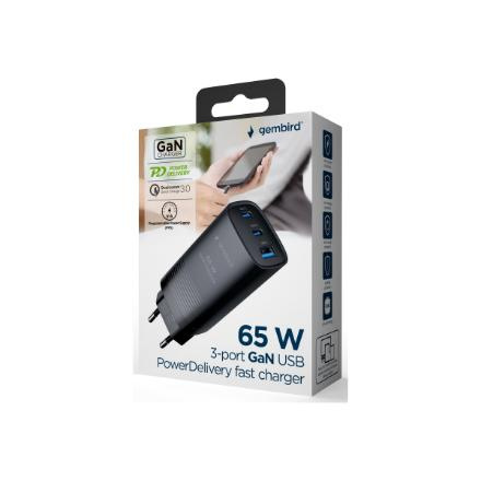 Cablexpert 3-port 65 W GaN USB PowerDelivery fast charger | TA-UC-PDQC65-01-BK TA-UC-PDQC65-01-BK