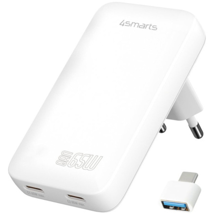 4smarts Charger FlatPlug Slim Dual 65W GaN 2C Valge