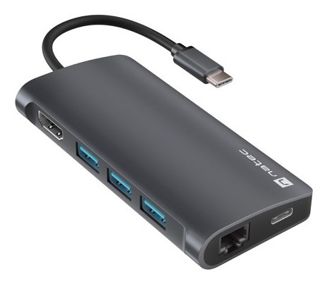 MULTIPORT ADAPTER NATEC FOWLER 2 V2 USB-C 8IN1 HUB ->USB 3.0 3X, HDMI 4K, USB-C, RJ45, SD, MICRO SD