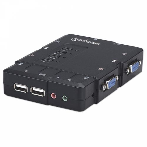 Manhattan KVM Switch Compact 4-Port, 4x USB-A, Cables included, Audio Support, Control 4x computers from one pc/mouse/screen, Black, Lifetime Warranty, Boxed