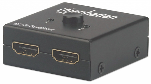 Manhattan HDMI Switch 2-Port, 4K@30Hz, Bi-Directional, Black, Displays output from x1 HDMI source to x2 HD displays (same output to both displays) or Connects x2 HDMI sources to x1 display, Manual Selection, No external power required, 3 Year Warrant