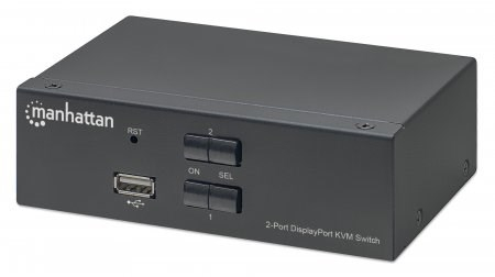 Manhattan DisplayPort 1.2 KVM Switch 2-Port, 4K@60Hz, USB-A/3.5mm Audio/Mic Connections, Cables included, Audio Support, Control 2x computers from one pc/mouse/screen, USB Powered, Black, Three Year Warranty, Boxed