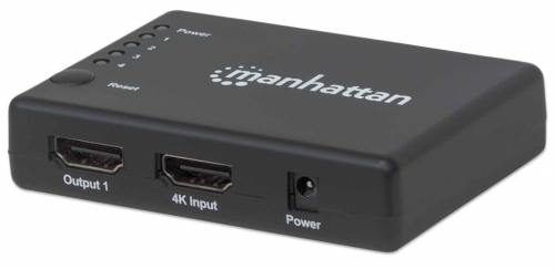 Manhattan HDMI Splitter 4-Port (Compact), 4K@30Hz, Displays output from x1 HDMI source to x4 HD displays (same output to four displays), AC Powered (cable 0.7m), Black, Three Year Warranty, Retail Box