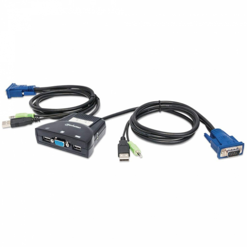 Manhattan KVM Switch Mini 2-Port, 2x USB-A, Cables included, Audio Support, Control 2x computers from one pc/mouse/screen, Black, Lifetime Warranty, Boxed