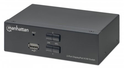 Manhattan DisplayPort 1.2 KVM Switch 2-Port, 4K@60Hz, USB-A/3.5mm Audio/Mic Connections, Cables included, Audio Support, Control 2x computers from one pc/mouse/screen, USB Powered, Black, Three Year Warranty