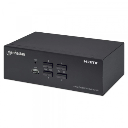 Manhattan HDMI KVM Switch 4-Port, 4K@30Hz, USB-A/3.5mm Audio/Mic Connections, Cables included, Audio Support, Control 4x computers from one pc/mouse/screen, USB Powered, Black, Three Year Warranty