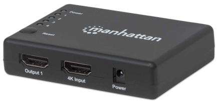 Manhattan HDMI Splitter 4-Port (Compact), 4K@30Hz, Displays output from x1 HDMI source to x4 HD displays (same output to four displays), AC Powered (cable 0.7m), Black, Three Year Warranty