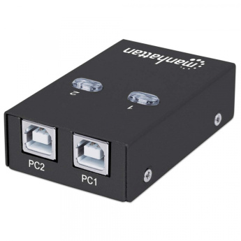Manhattan USB-A Automatic Sharing Switch, 2x USB-B Ports, 480 Mbps (USB 2.0), Dual Control (Auto-Sensing or Manual), Bus Powered, Hi-Speed USB, inc 1x 1.5m USB-A to USB-B cable, Black, Three Year Warranty