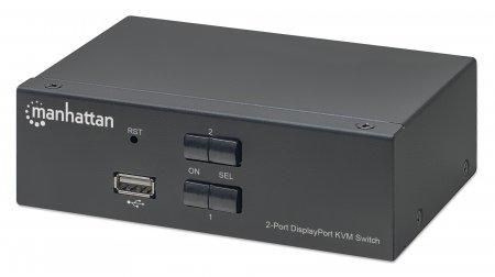 Manhattan DisplayPort 1.2 KVM Switch 2-Port, 4K@60Hz, USB-A/3.5mm Audio/Mic Connections, Cables included, Audio Support, Control 2x computers from one pc/mouse/screen, USB Powered, Must, Three Year Warranty WLONONWCRODSC