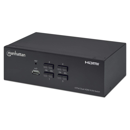 Manhattan HDMI KVM Switch 4-Port, 4K@30Hz, USB-A/3.5mm Audio/Mic Connections, Cables included, Audio Support, Control 4x computers from one pc/mouse/screen, USB Powered, Must, Three Year Warranty