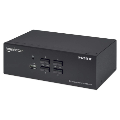 Manhattan HDMI KVM Switch 4-Port, 4K@30Hz, USB-A/3.5mm Audio/Mic Connections, Cables included, Audio Support, Control 4x computers from one pc/mouse/screen, USB Powered, Must, Three Year Warranty