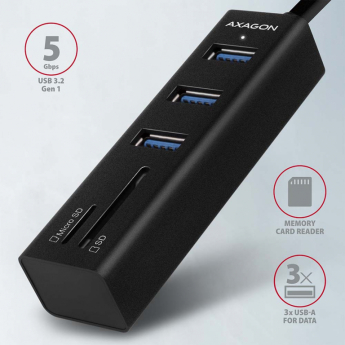 AXAGON HMA-CR3A - 3x USB-A + SD/microSD, USB3.2 Gen 1 hub - metal - 20cm cable 