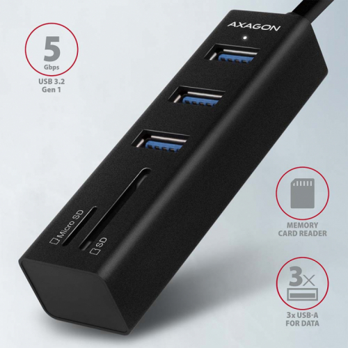 AXAGON HMA-CR3A 3x USB-A + SD/microSD, USB3.2 Gen 1 hub, metal, 20cm cable 
