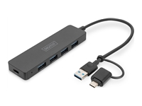 DIGITUS USB 3.0 Hub 4-Port Slimline with USB-C Adapter 5Gbps 0.2m cable