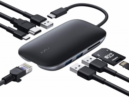 AUKEY CB-C71 aluminium HUB USB-C | 8in1 | RJ45 Ethernet 10/100/1000Mbps | 3xUSB 3.1 | HDMI 4k@30Hz | SD & microSD | USB-C Power Delivery 100W