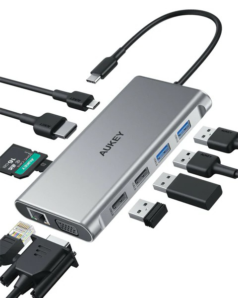 AUKEY Hub USB-C CB-C89 Aluminium | 10w1 | RJ45 Ethernet 10/100/1000Mbps | 4xUSB | HDMI 4k@30Hz | SD i microSD | USB-C Power Delivery 100W