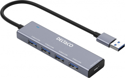 DELTACO UH-738 USB-A hub, 4x USB-A female, 5 Gbps, aluminum, grey