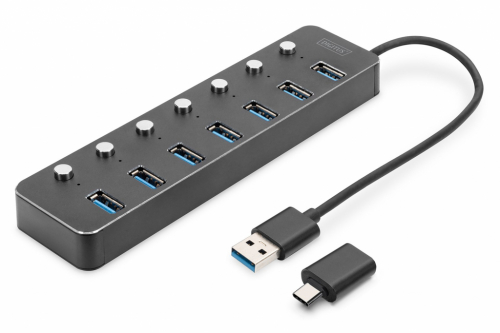 USB 3.0 Hub/7-Port USB A Hub + USB-C 5Gbps Adapter with Circuit Breakers Aluminum Active