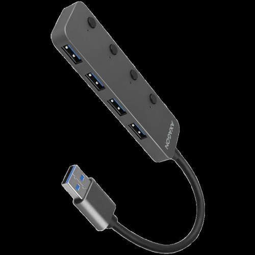 AXAGON HUE-MSA 4x USB3.2 Gen 1 SWITCH hub, metal, micro USB power IN, 20cm USB-A cable