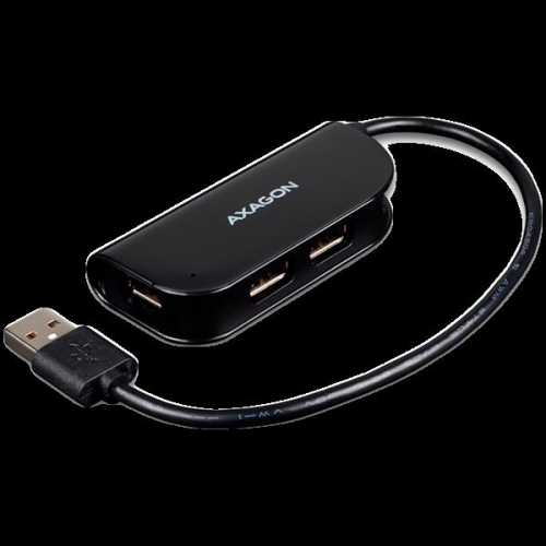 Handy four-port USB 2.0 hub with a permanently connected USB cable. Black.