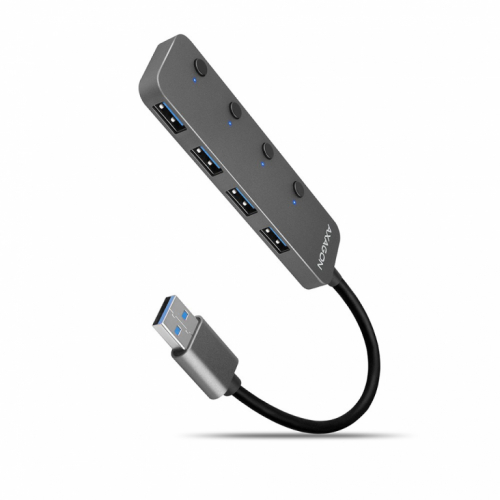 AXAGON Hub HUE-MSA 4x USB3.2 Gen 1 SWITCH, metal, micro USB power IN, 20cm USB-A cable