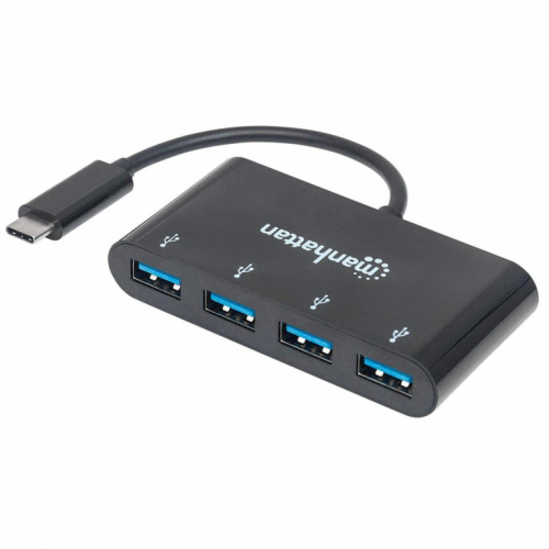 Manhattan USB-C Dock/Hub, Ports (x4): USB-A (x4), 5 Gbps (USB 3.2 Gen1 aka USB 3.0), External Power Supply Not Needed, Equivalent to HB30C4AB, Cable 20cm, SuperSpeed USB, Black, Three Year Warranty, Blister