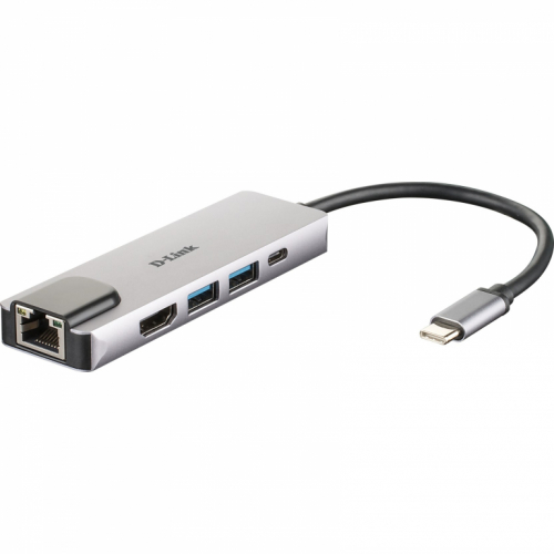 USB-C HUB 5Port D-Link DUB-M520 2xUSB3.2 Gigabit Lan RJ45 USB-C HDMI 4K passiv Silver Black
