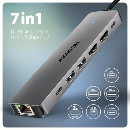 Axagon HMC-7HX2 USB-C 5Gbps DUAL 4K DISPLAY 7in1 hub