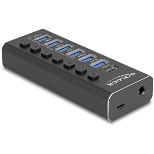 DELOCK 7 Port USB Hub mit 4 Ports 10 Gbps und 4 Schnellladeports 5 Gbps mit Schalter und Beleuchtung