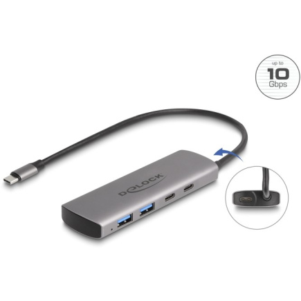 DELOCK USB 10 Gbps 2 Port USB Typ-A + 2 Port USB Type-C Hub mit USB Type-C Anschluss und zustzlicher Strombuchse