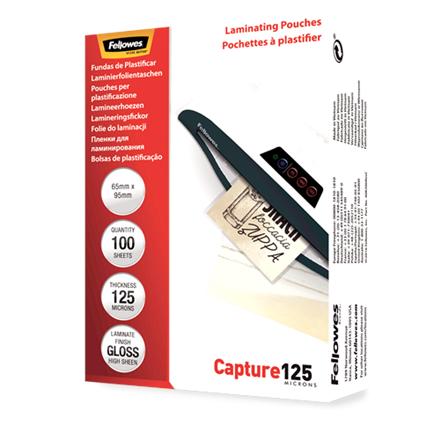 Fellowes | Laminating Pouch - 65x95mm | Glossy | Ideal for identity cards, credit cards, business cards and visitor cards; Capture 125 Micron thickness - providing an advanced level of document protection; Pack size of 100; Compatible with all laminator