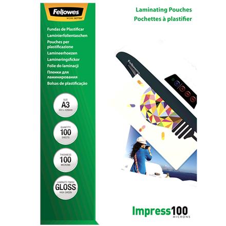 Fellowes | Laminating Pouch | A3 | Glossy | Thickness: 100 micron, Qty Per Pack: 100 pcs; Ideal for notices, craft materials, signage and frequently handled documents; Compatible with all laminator brands