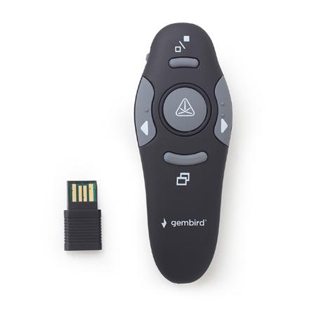 Gembird | Wireless presenter with laser pointer | WP-L-01 | Black | Depth 25 mm | Height 105 mm | Red laser pointer. 4 buttons to control most used PowerPoint presentation functions. Interface: USB. Presenter control distance: up to 10 m. | Yes | Weight