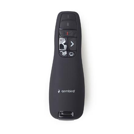 Gembird | Wireless presenter with laser pointer | WP-L-02 | Black | Depth 25 mm | Height 105 mm | Red laser pointer. 4 buttons to control most used PowerPoint presentation functions. Interface: USB. Presenter control distance: up to 10 m. | Yes | Weight