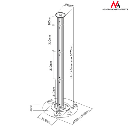 Silver ceiling mount for projectors from 80 mm to 980 mm