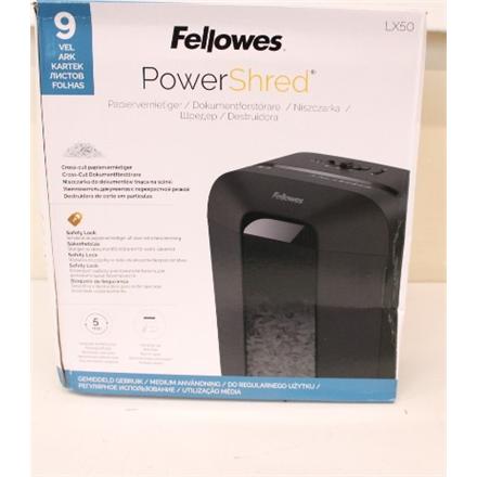 Renew. Fellowes Powershred LX50 Cross-Cut Shredder | Powershred | LX50 | Black | 17 L | Credit cards shredding | DAMAGED PACKAGING, SCRATCHED | Paper handling standard/output 9 sheets per pass | Cross-Cut Shredder | Warranty 24 month(s) 4406001SO