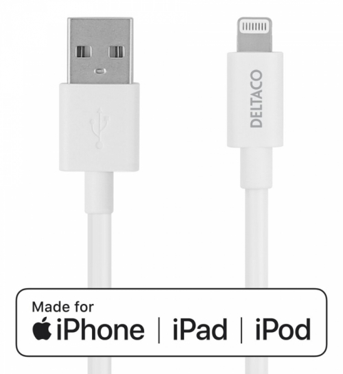 DELTACO Lightning cable, 2m, 2.4A, Apple C189 chipset, MFi, FSC-labeled packaging, white 