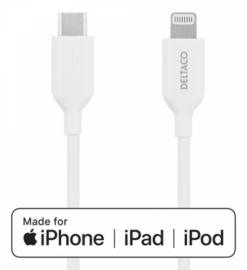DELTACO Lightning for USB-C cable, 2m, Apple C94 chipset FSC-labeled packaging, white