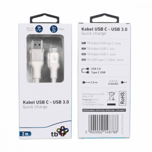 TB Cable USB 3.0 - USB C 2m PREMIUM 3A white TPE