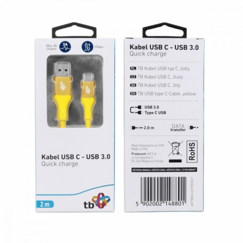 TB Cable USB 3.0 - USB C 2m PREMIUM 3A yellow TPE