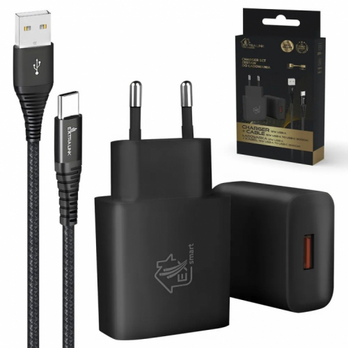 Extralink Smart Life USB Type-A to Type-C Kit, 200cm, Black + 12W Black Charger