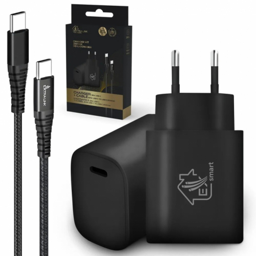 Extralink Smart Life USB Type-C to Type-C Kit, 200cm, Black + 18W PD3.0 Charger Black