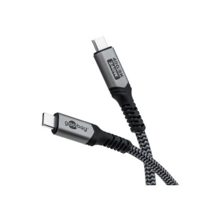 Goobay USB-C™ Cable with Textile Sheath, USB4™, 240 W, 40 Gbit/s, Power Delivery, 1.5 m, Black, Grey | Goobay