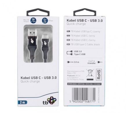 TB Cable USB 3.0-USB C 2m PREMIUM 3A Черный TPE